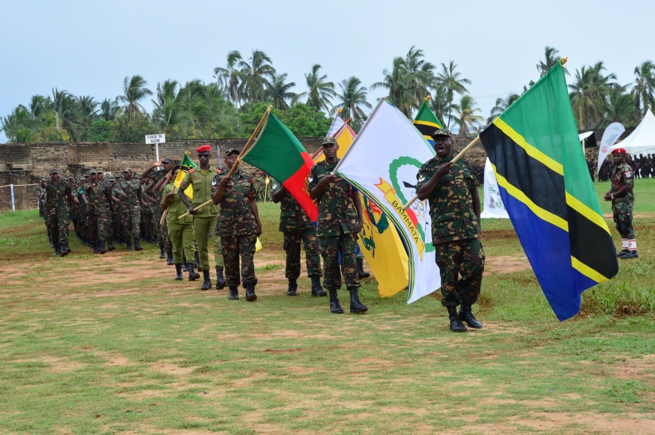 Majeshi ya Ulinzi na Usalama wa Tanzania kutoka Vyombo vya Ulinzi na Usalama Tanzania wakiwa katika Gwaride la Pamoja maalum kwa Ufunguzi wa Michezo ya Majeshi Tanzania